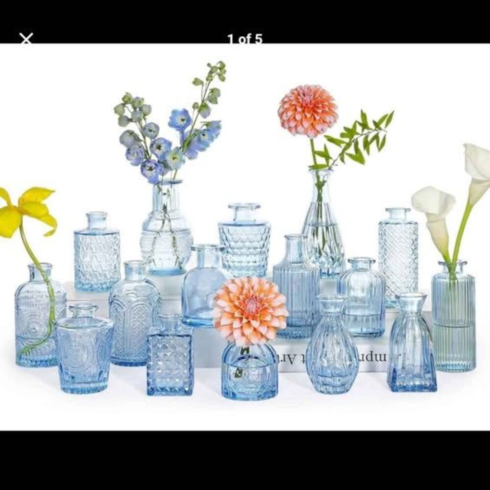 16-Piece Blue Glass Bud Vase Set - 2 Available - New in box